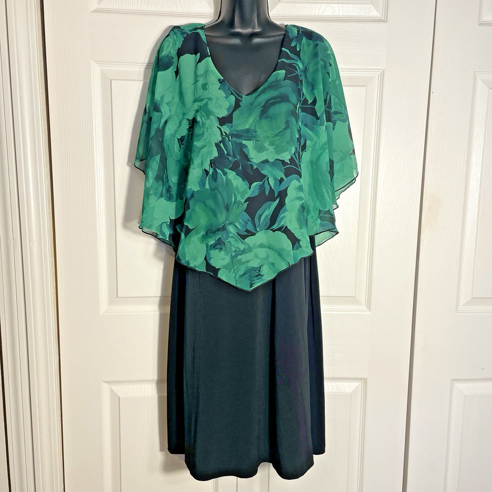 Vintage Y2K Connected Apparel Dress Women 14 Black Sleeveless Green Floral Drape